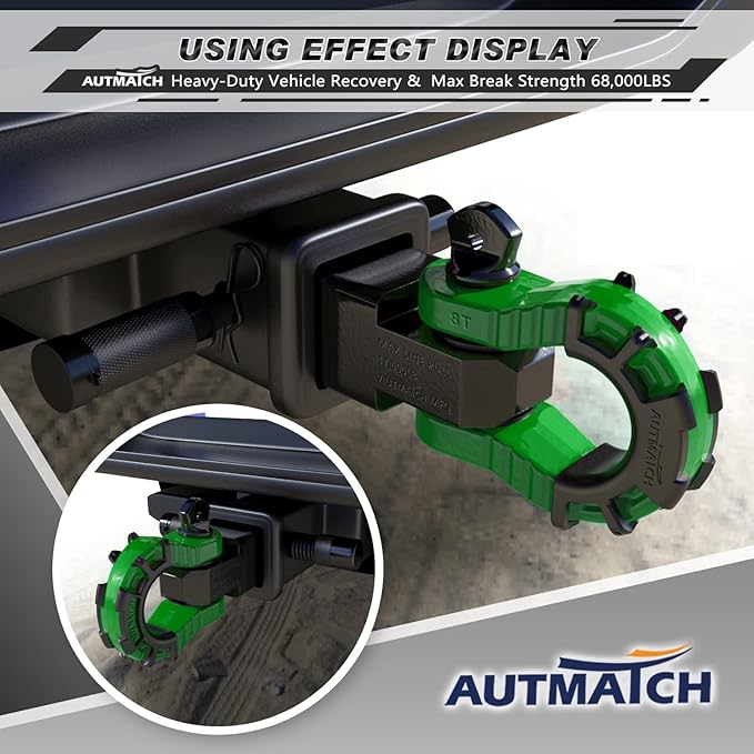 AUTMATCH Shackle Hitch Receiver 2" with 3/4" Mega D Ring Shackle and 5/8" Trailer Hitch Lock Pin, 68,000 Lbs Break Strength Heavy Duty Receiver Kit for Off-Road Vehicle Recovery, Black & Dark Green