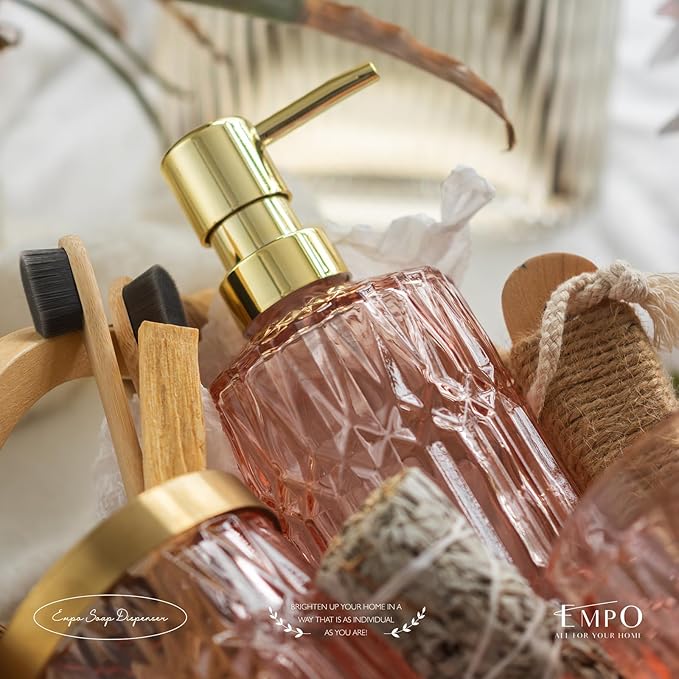EMPO Clear Glass Soap Dispenser with ABS Plastic Pump, Crystal Lotion Dispensers for Kitchen Sink, Bathroom (Light Pink)