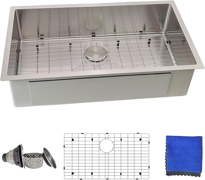 33 Inch Undermount Kitchen Sink – Delironexu 16 Gauge Stainless Steel Sink, Single Bowl Kitchen Sinks Undermount, 33x19 kitchen sink with Bottom Grid, Drain & Towel
