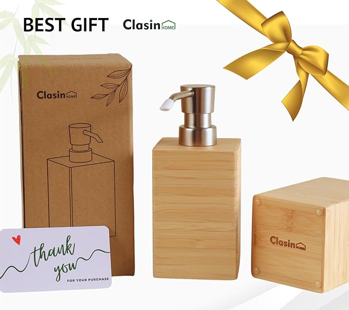 Bamboo Soap Dispenser with Anti-Slip Pads and Stylish Horizontal Wood Grain, Hand Dispenser for Bathroom, Kitchen, Dish, Lotion, Shampoo, Liquid Soap (7 Oz)