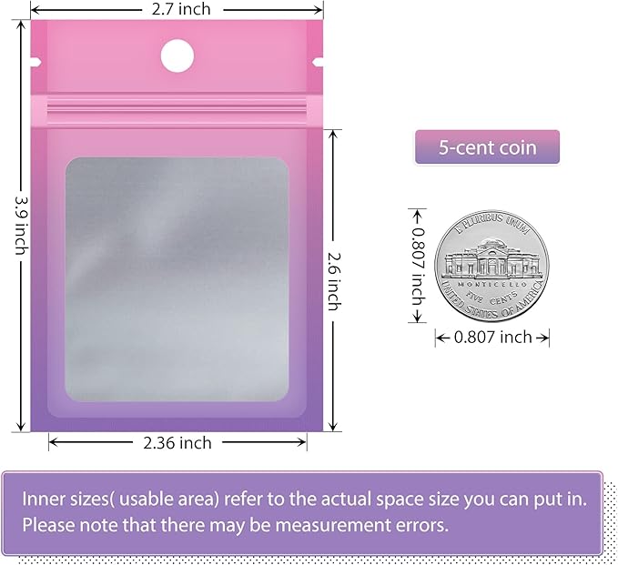 Funfery 100 Pcs Resealable Smell Proof Bags for Food Storage,Clear Cute Mylar Bags for Small Business Foil Pouch Zipper Packaging Bag for Sample Jewelry Eyelash Gloss(Pink Purple,2.7X3.9in)