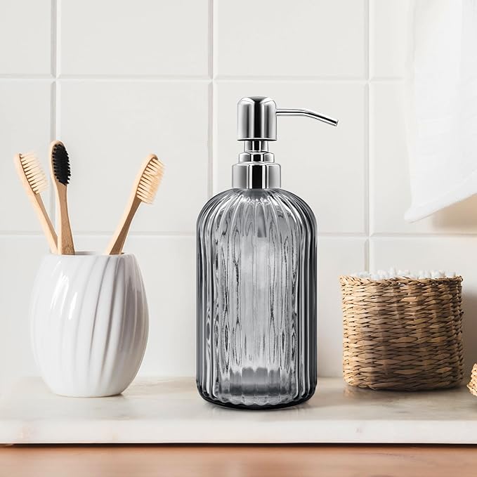 18 Oz Glass Soap Dispenser with Stainless Steel Pump, Modern Ribbed Design Refillable Liquid Soap Bottle for Bathroom, Kitchen, Hand Soap, Dish Soap, or Lotion (Grey)