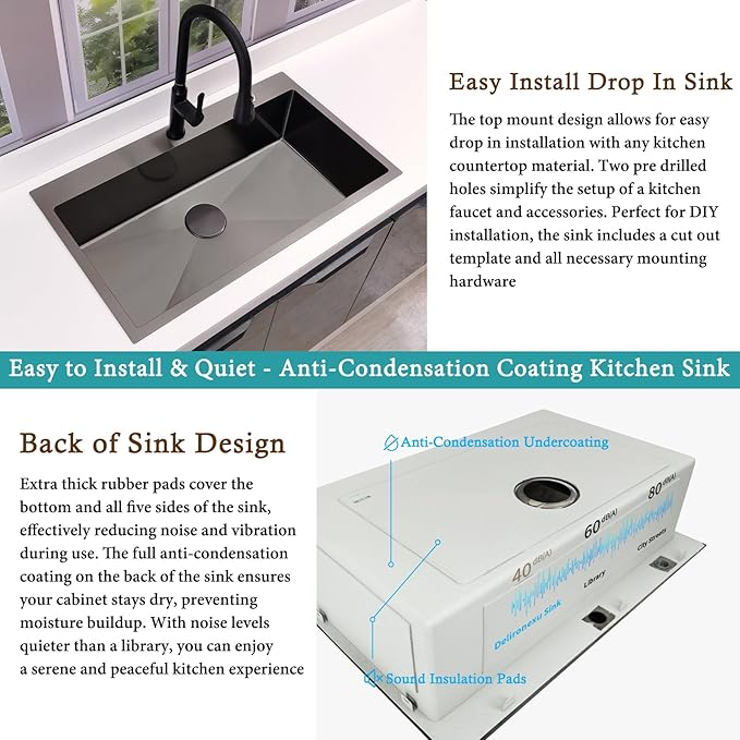 33 Inch Black Kitchen Sink Drop In – Delironexu 33x19 Drop In Kitchen Sink, 16 Gauge Black Stainless Steel sink Top Mount, Single Bowl kitchen Sinks with 4 Accessories