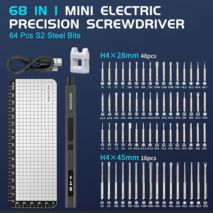 3.7V Mini Electric Screwdriver, Precision Electric Screwdriver Set, Cordless Screwdrivers, 64 Magnetic Bits, Magnetic Storage, Portable Repair Tool Kit for Electronics Phone Laptop Watch
