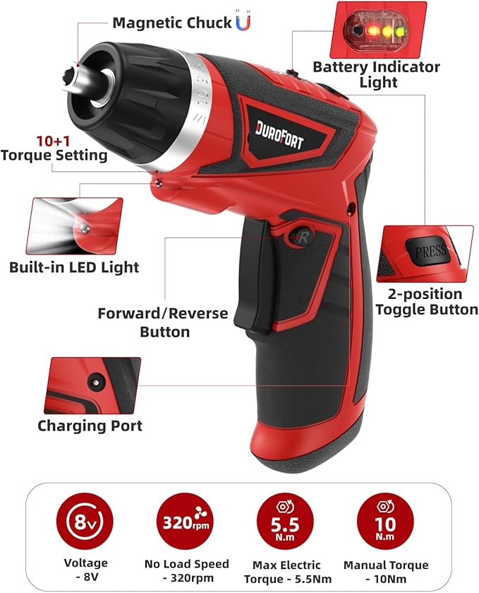 Cordless Electric Screwdriver Set, 8V 10Nm Rechargeable Power Electric Drill, Battery Screw Gun with Driver Bit, 320RPM/10+1 Torque, 2 Position Handle, Flexible Shaft LED Light (Red, 89Pcs)