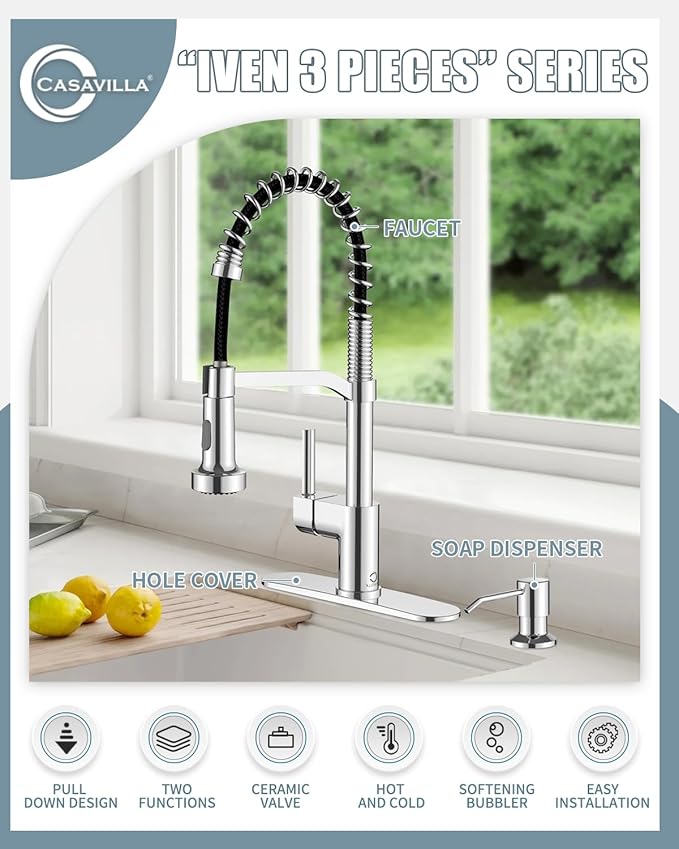Chrome Kitchen Faucet with Soap Dispenser, Faucet for Kitchen Sink, Kitchen Sink Faucet with Deck Plate, RV Kitchen Faucet with Pull Down Sprayer and Dual Function Spray Head