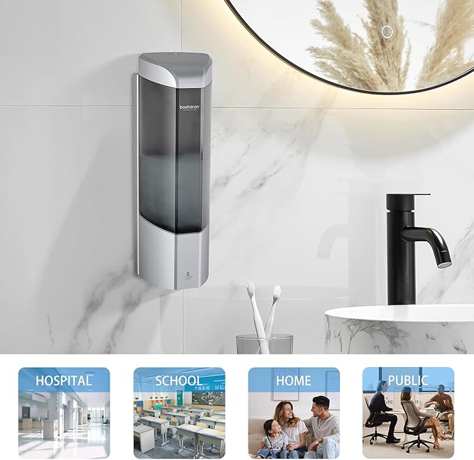 Automatic Soap Dispenser, Wall Mounted Liquid Soap Dispenser 24.6oz/700ml with Infrared Sensor, Touchless Battery Operated Hand Soap Dispenser with 3 Adjustable Soap Levels for Bathroom (Silver)