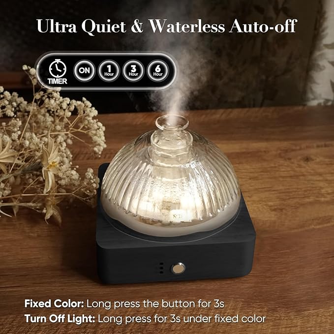 Glass Dome Essential Oil Diffuser with Glass Reservoir & Wood Base-Plastic Free, 200ml Ultrasonic Diffuser for Aromatherapy with Timer 7 Color Light Auto-Off for Gift Home Office Yoga Dark Brown