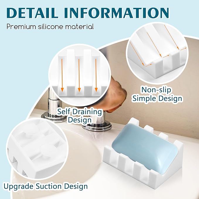 Silicone Soap Dish with Drain, Upgrade Double Suction Cups at The Bottom for Anti-Slip and Stability, Soap Dish Shower Waterfall Bar Soap Holder Tray with Drain Soap Holder (2, White)