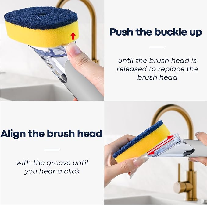 Dish Brush with Soap Dispenser Storage Set with 2 PCS Sponge Refills & Holder, Soap Dispensing Dish Brushes, Sponge with Soap Dispenser Handle, Dish Sponges with Handle for Dishes Pans Pots Sink(Gray)