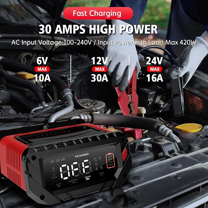 30 AMP Car Battery Charger, 6V/12V/24V Lead-Acid, Lithium, LiFePo4 Smart Battery Charger, Large Screen Trickle Charger, Fully Automatic Chargers and Maintainer for Car, Motorcycle, Lawn Mower