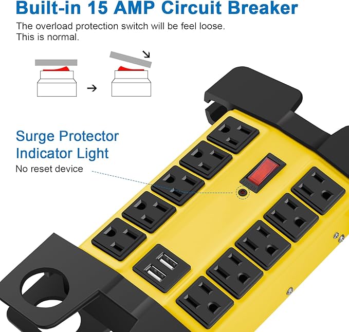CCCEI Heavy Duty Power Strip with USB Ports, Garage 10 Outlets Surge Protector 2700 Joules, Industrial Workshop Metal 15Amp Multiple Outlets, 6 FT Extension Cord and Wide Spaced Yellow.