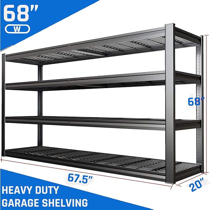 67" W Garage Shelving Heavy Duty, 4 Tier Garage Shelves, 68" H Adjustable Storage Shelving Unit, Commercial Metal Shelves for Warehouse, Basement, Shop, 67" W x 20" D x 68" H