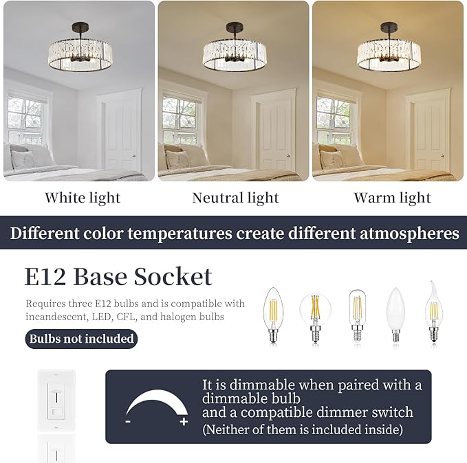 4-Light Black Crystal Chandelier for Dining Room,Modern Semi Flush Mount Ceiling Lighting Fixtures,Round Kitchen Hanging Drum Pendant Lights for Living Room Bedroom Foyer， 16 Inch