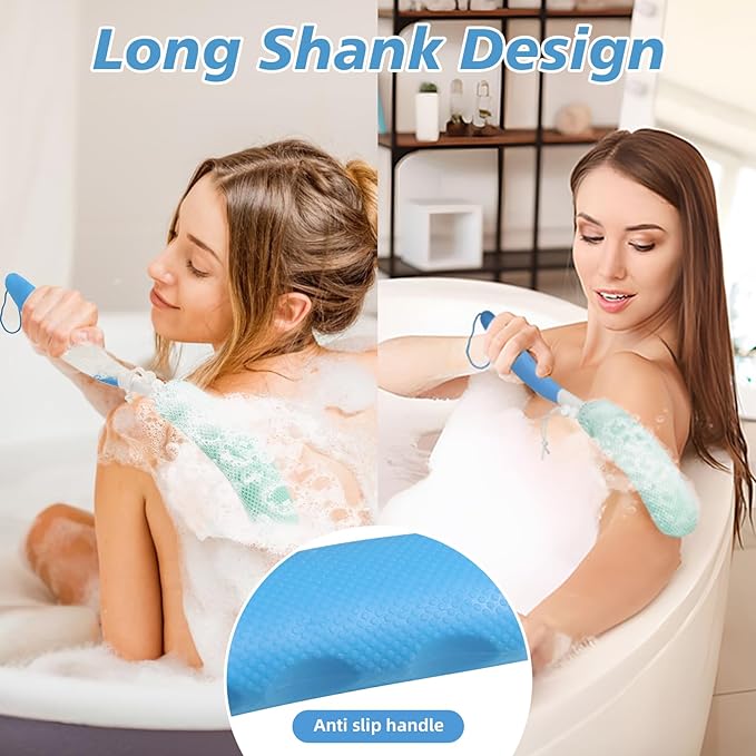KkaFFeKkaFFe Shower Back Brush With Long Handle, 15.35" Body Brush, Back Scrubber for Men Women, Handled Sponge Body Exfoliator, Loofah Scrubber for Aid Bathing