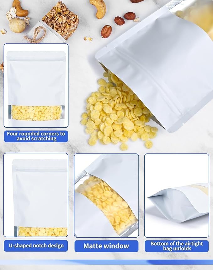 FireKylin 100 Pack Smell Proof Bags 6.3" x 9.4", Resealable Bags with Matte Window, Foil Pouch Stand Up Sealable Bags for Packaging（White）