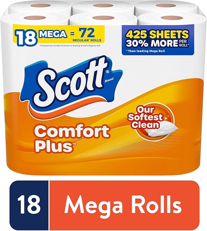 Scott Comfort Plus Toilet Paper, 1-Ply, White, 462 Sheets/Roll, 18 Mega Rolls/Pack (49729)