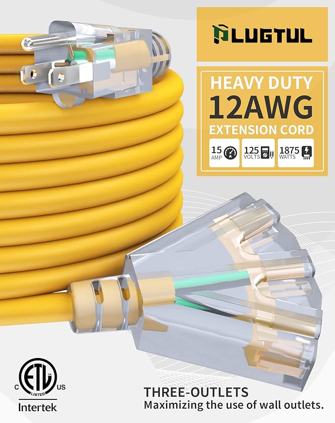 50Ft 12/3 Outdoor Extension Cord with 3-Outlets, Heavy Duty 12 Gauge 3 Prong Extension Cord Waterproof with Lighted end, 15A 12AWG 1875W SJTW, ETL Listed - Great for Garage, Garden and Home, Yellow