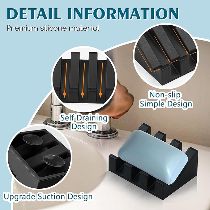 Silicone Soap Dish with Drain, Upgrade Double Suction Cups at The Bottom for Anti-Slip and Stability, Soap Dish Shower Waterfall Bar Soap Holder Tray with Drain Soap Holder (1, Black)