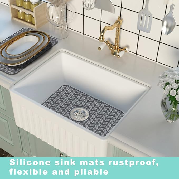 AWOKE Sink Protectors for Kitchen Sink | 16.2"x 12.5" Kitchen Sink Mats for Bottom of Kitchen Sink | Sink Inserts for Kitchen Sink of Stainless Steel Sink | Center Drain (Grey)