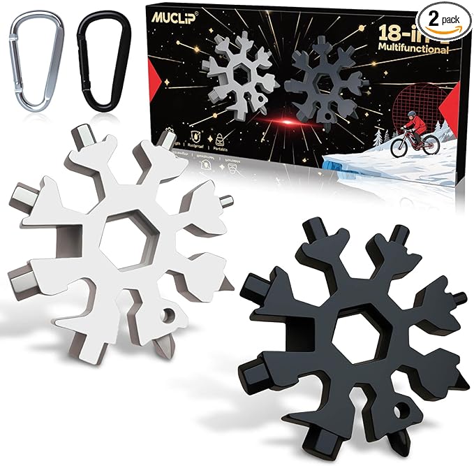 Stocking Stuffers for Men 2025 - Snowflake Multi Tool 2 Pack,18 in 1 Stainless Steel Multitool with Carabiner,White Elephant Gifts for Adults,Christmas Gift for Him,Dad,Husband,Brother(Silver+Black)