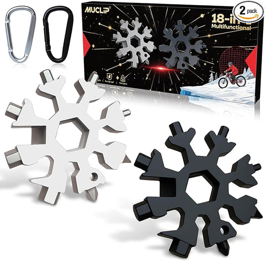Stocking Stuffers for Men 2025 - Snowflake Multi Tool 2 Pack,18 in 1 Stainless Steel Multitool with Carabiner,White Elephant Gifts for Adults,Christmas Gift for Him,Dad,Husband,Brother(Silver+Black)