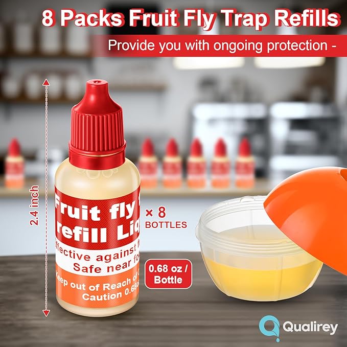 Qualirey 8 Pack Fruit Fly Trap Refill Liquid, 0.68oz/ Bottle Liquid Fruit Fly Traps for Indoors Non Toxic Safe Near Food, Effective Lure Refill for Indoor and Kitchen Use, Red