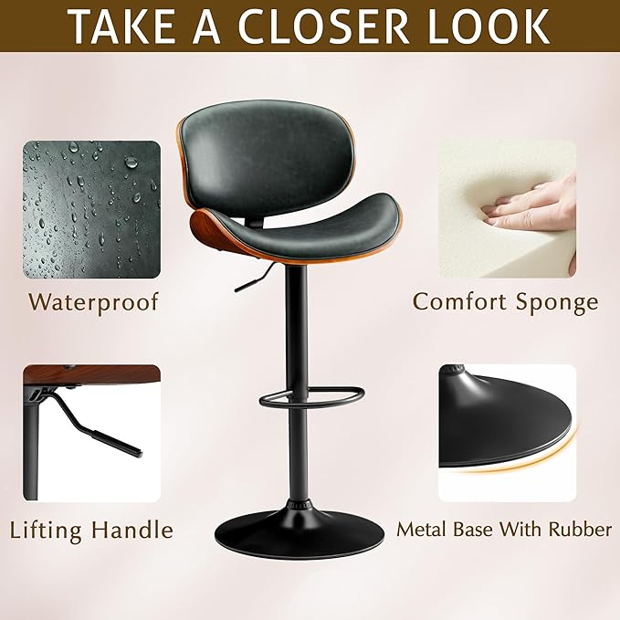 Bar Stools Set of 2 Adjustable Swivel Bentwood Barstools PU Leather Modern Bar Chairs with Back & Footrest for Bar, Kitchen Island, Dining Room (Grenn, Set of 2)