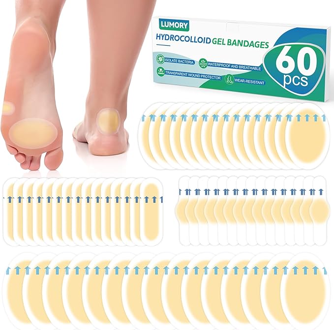 60pcs Hydrocolloid Blister Bandages,Gel Blister Bandages for Feet,Waterproof Blister Pads for Feet, Heel,Toe,Blister Prevention & Recovery, Blister Cushions with 4 Shapes