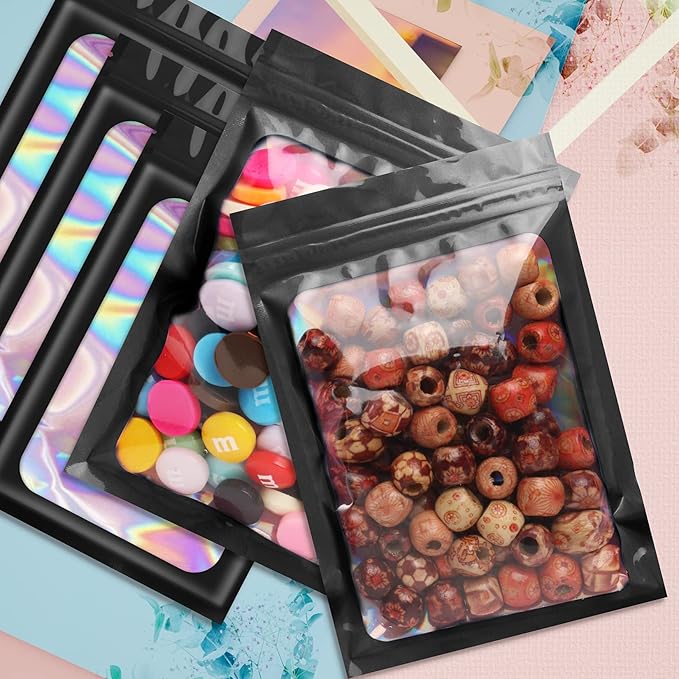 100 pcs Black Smell Proof Mylar Holographic Bags Packaging Bags,Clear Resealable Odor Proof Bag Foil Pouch Bag for Food Storage and Lipgloss,Jewelry,Eyelash Packaging for Small Business(6.3x9.4Inch)