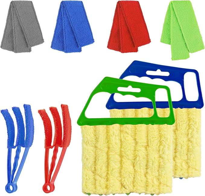 4pcs Window Venetian Blind Cleaner Duster Tool,Blind Duster for Cleaning,Microfiber 7Finger Duster Brush Dusting Cleaner Tool ，for Window Shutters Air Conditioner,with 4 Cloth Cover(Blue/Green)