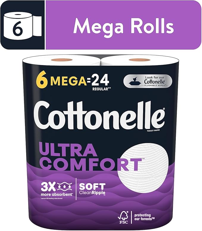 Cottonelle Ultra ComfortCare Toilet Paper, 6 Mega Rolls, Soft Bath Tissue (6 Mega Rolls = 24 Regular Rolls)