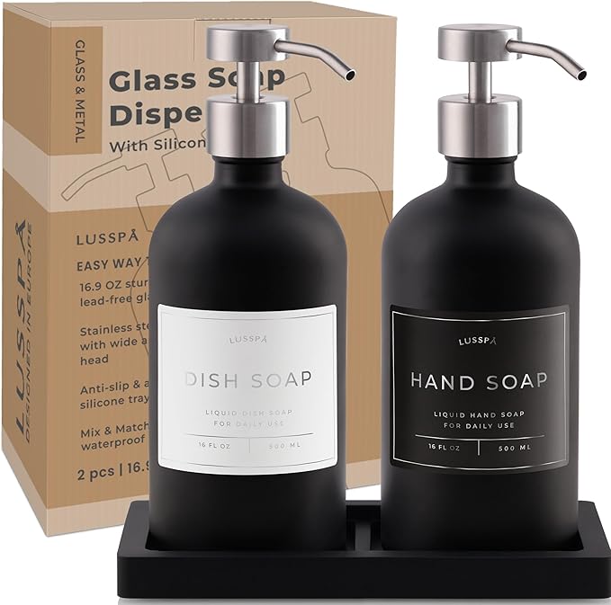 Lotion, Hand & Dish Soap Dispenser for Kitchen Sink - Bathroom Soap Dispenser Set of 2 16.8 Oz Glass Bottles with Stainless Steel Pump, 15 Water Proof Labels & Silicon Tray (Black/Silver)