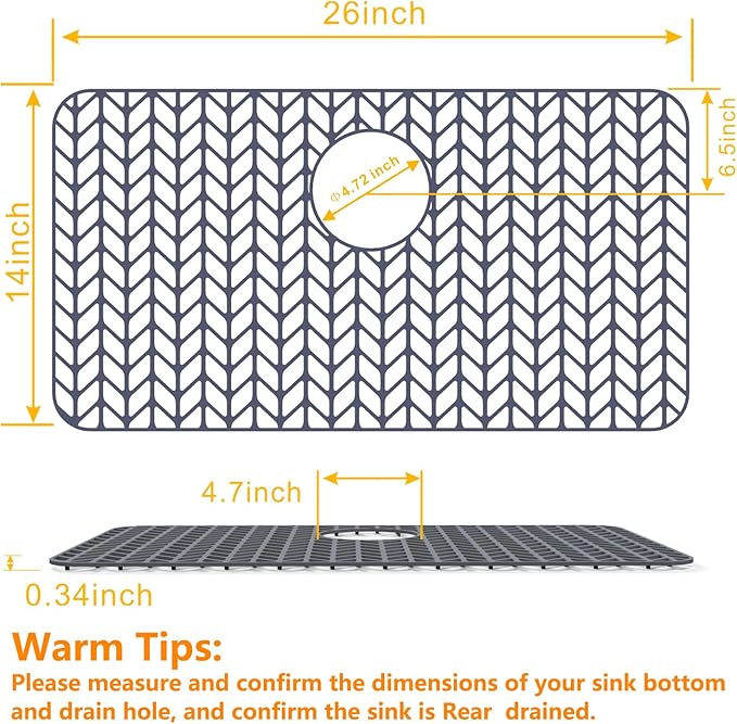 Sink Protectors for Kitchen Sink 12"13"16"18"19"24"26"28"29"30",Silicone kitchen sink mats protector for bottom of farmhouse sink(26"x14"Rear Drain Gray)