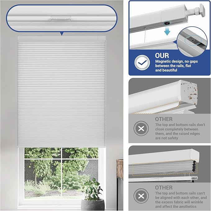 No Drill No Tools Cellular Shades Top Down Bottom Up Blackout Blinds for Windows Cordless Honeycomb Window Shades Easy to Install for Home, Blackout-White, 34" W x 64" H