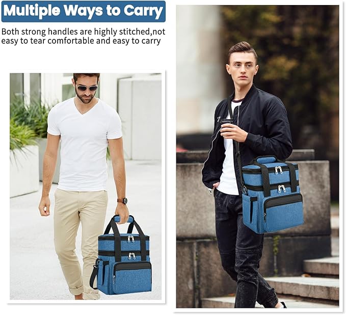 Insulated Lunch Bag & Lunch Box for Men - Double Deck Reusable Lunch Bag for Women Tote Cooler Bag Leakproof Soft Expandable - Extra Large Lunchbox for Work/Adult/Picnic/Outdoor (Blue，22L)