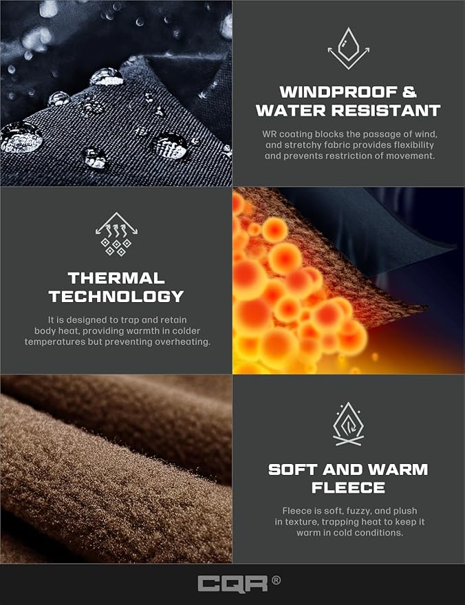 CQR Men's Winter Fleece Lined Pants, Water-Resistant Outdoor Stretch Work Pants, Windproof Casual Pants with Pockets
