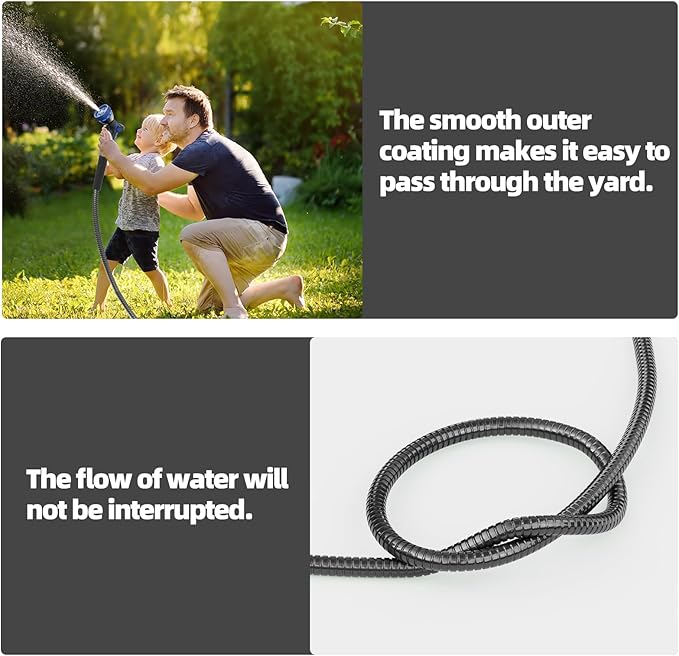 SPECILITE 25ft 304 Stainless Steel Garden Hose Metal, Heavy Duty Water Pipe with Nozzles for Yard, Outdoor - Flexible, Never Kink & Tangle, Puncture Resistant (Black)