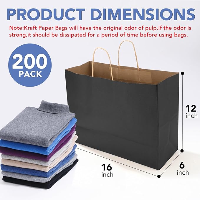 XPCARE 200Pack Large Paper Gift Bags with Handles Bulk,16x6x12 Inch Plain Natural Kraft Bag Packaging Black Paper Bags for Birthday Party Boutiques Business Retail Stores Merchandise