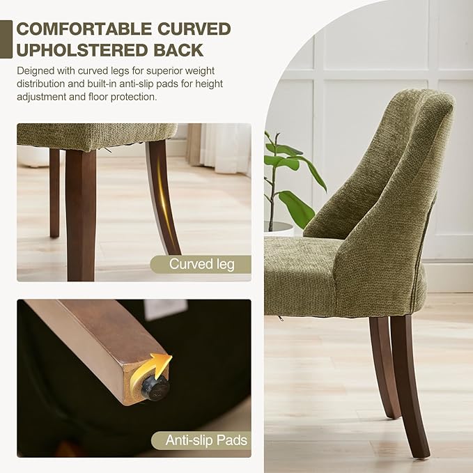 UVV Wooden Dining Chairs Set of 6, Mid Century Modern Chenille Upholstered Dining Room Chair Kitchen Chairs, Farmhouse Dinner Chair with Solid Wood Legs for Kitchen Dining Room, Green