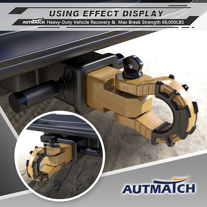 AUTMATCH Shackle Hitch Receiver 2" with 3/4" Mega D Ring Shackle and 5/8" Trailer Hitch Lock Pin, 68,000 Lbs Break Strength Heavy Duty Receiver Towing Kit for Off-Road Vehicle Recovery, Gold