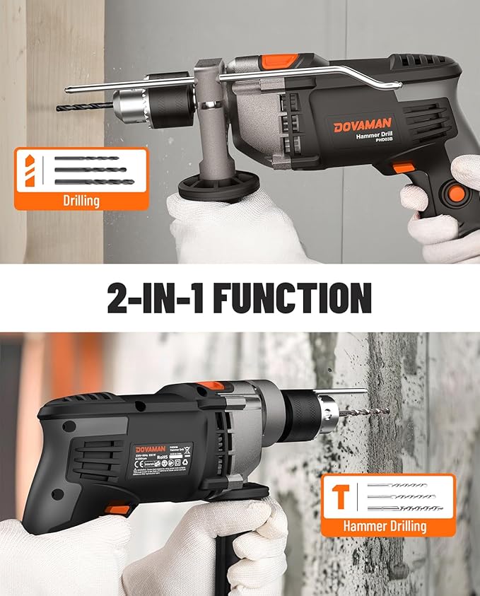 DOVAMAN PHD03B 7.5A Corded Hammer Drill, 1/2'' Impact Drill with Variable Speed 0–3000RPM, Metal Chuck, 2 Modes for Concrete, Wood, Metal – Includes Bits & Carrying Case