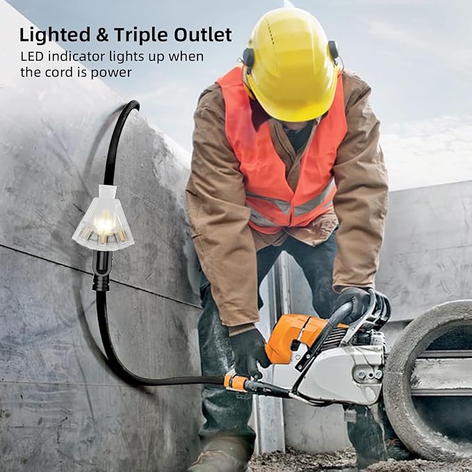 100 FT Outdoor Extension Cord with Multiple Outlets, 12 Gauge Heavy Duty Black Extension Cord Waterproof with 3 Outlet, 3 Prong Power Cord for Garden and Home Use Indicator Light, ETL Listed