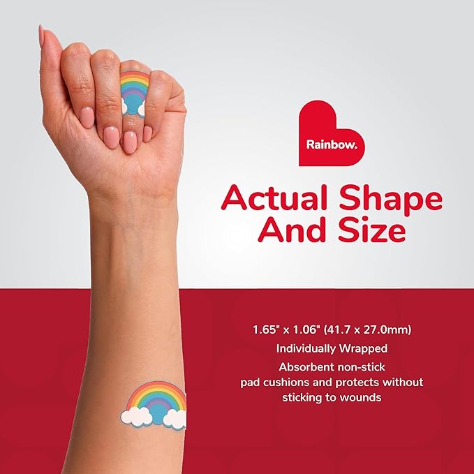 BioSwiss Kids Bandages, Rainbow Shaped Self Adhesive Bandage Set, Latex Free, Sterile Wound Care, 50 Count