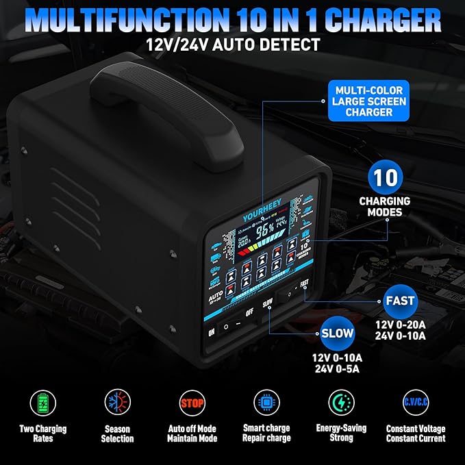 12V 24V 0-20A Car Battery Charger Heavy Duty, Smart Trickle Charger Maintainer with Auto Shutoff, Repair & Winter Mode, 10 Modes & Color Screen for Car, Truck, Motorcycle, RV, Boat, Lawn Mower