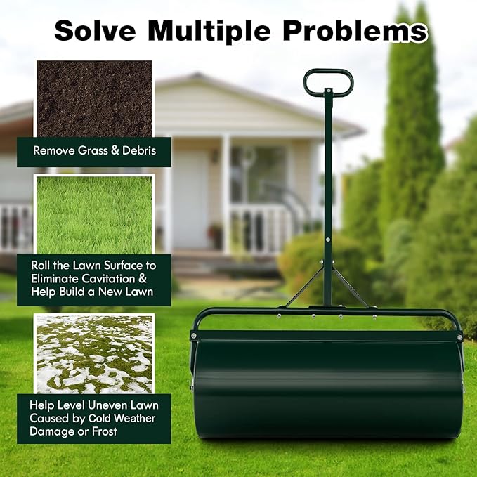 Goplus Lawn Roller, Push/Tow-Behind Lawn Roller, 30 Gallon/113L Water Sand Filled Sod Roller Drum Roller with Detachable Gripping Handle, Yard Roller Pull Behind a Tractor for Garden Yard Park Farm