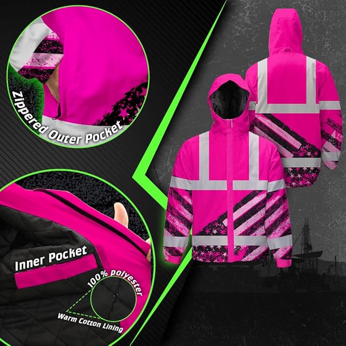 Color US Flag High Visibility Hoodie for Men Women Reflective Tapes Safety Workwear for Worker Runner Patriotic