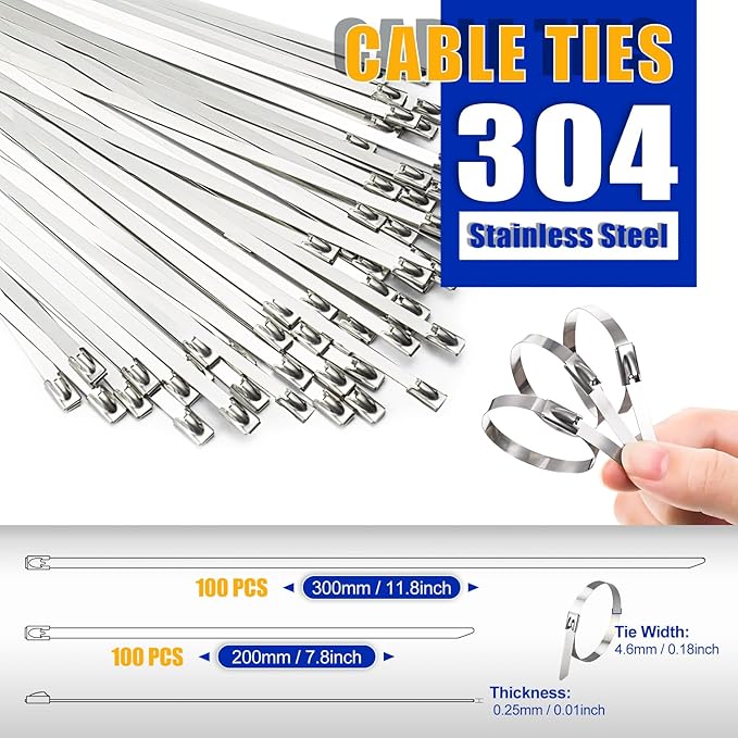Stainless Steel Cable Tie Tool Kit with 200PCS Self-Locking Metal Wire Ties (7.9" & 11.8") - For Fencing, Cable Bundling, Exhaust Repair, and Structural Reinforcement.