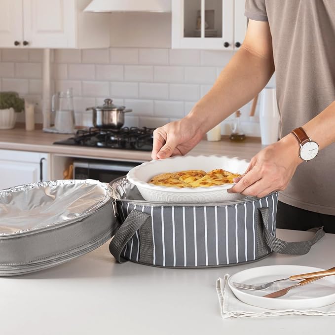 Fun Elements Insulated Casserole Carrier for Hot or Cold Food, 12.5 Inch Pie Carrier with Lid and Handle, Round Food Container for Transport, Grey