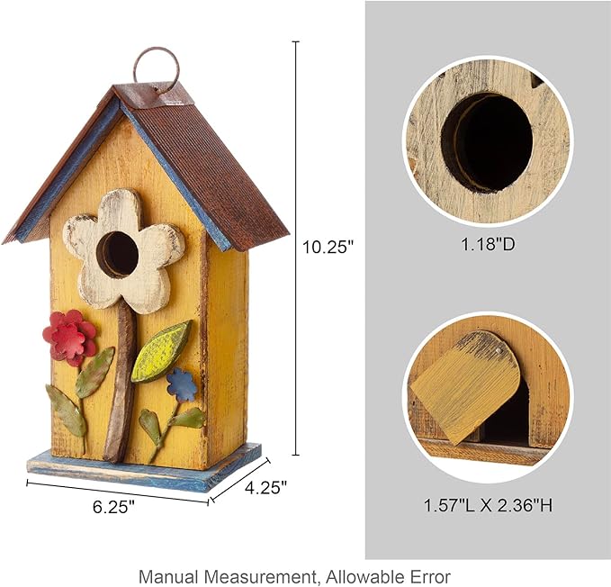 Glitzhome 10.2" H Hanging Bird House for Outdoor Patio Garden Decorative Birdhouse Pet Cottage Distressed Wooden Birdhouse, Yellow Flower